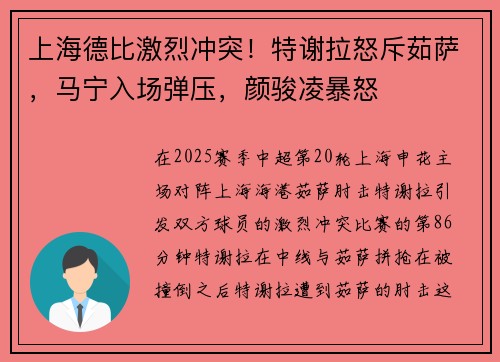 上海德比激烈冲突！特谢拉怒斥茹萨，马宁入场弹压，颜骏凌暴怒